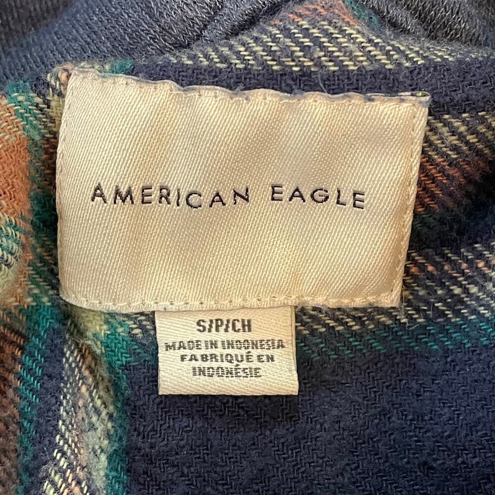American Eagle Hooded Flannel Shirt Women’s Small Blue Green Plaid Button Front - Picture 2 of 7